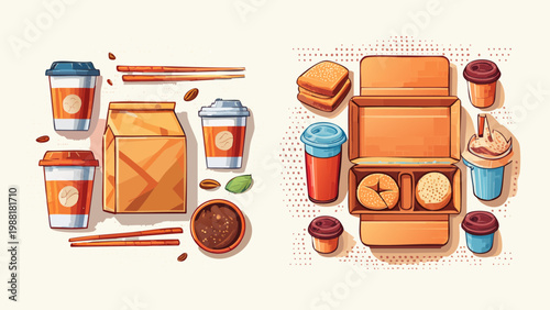 Delicious food and drinks assortment for takeout or delivery featuring coffee cups, lunch boxes, and snacks