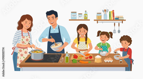 A joyful family scene unfolds in the kitchen as they engage in the shared activity of cooking together. The kitchen is filled with warmth.
