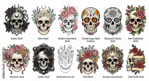 Diverse Artistic Skulls Adorned with Flowers, Ornaments, and Gothic Elements