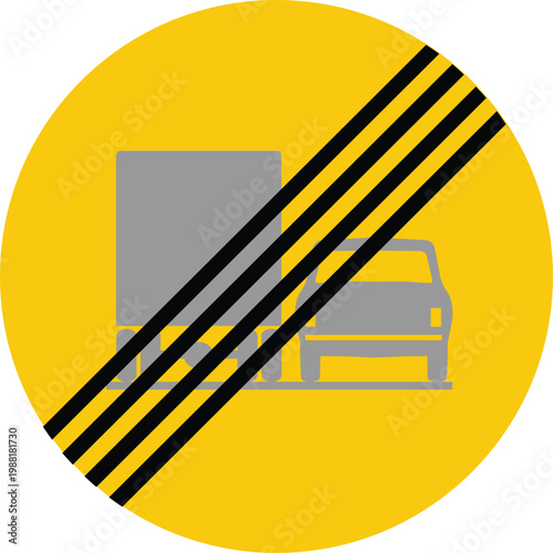 End of No Overtaking for Trucks Road Sign Yellow Circle Crossed Lines Traffic Symbol
