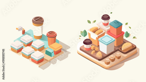 Isometric illustration of a food and drink stand with fresh ingredients and packaged goods