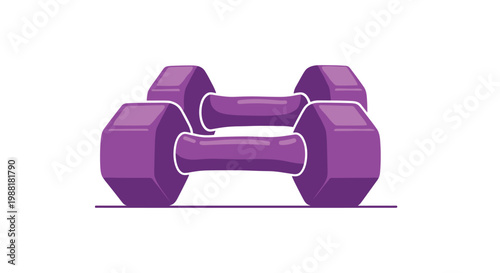 Two heavy purple hexagonal dumbbells rest firmly on a flat horizontal surface while displayed from a low perspective to emphasize their solid fitness weight.