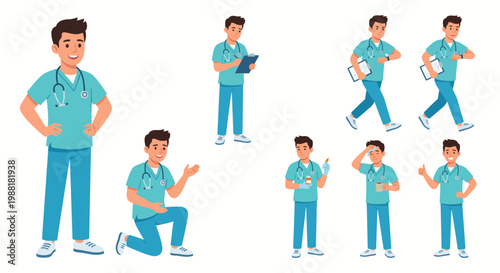 Medical professional illustration set with various poses and medical supplies