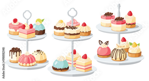 Elegant display of three white tiered serving stands filled with a colorful assortment of gourmet miniature pastries and decadent cakes on a pristine white background.