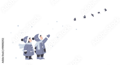 Charming illustration of two young children dressed in purple winter coats and scarves gazing up at a flock of dark birds flying through a snowy and overcast winter sky.