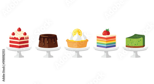 Meticulous row of five distinct gourmet dessert portions including red velvet and rainbow cake slices arranged on individual white ceramic display stands in a clean line.