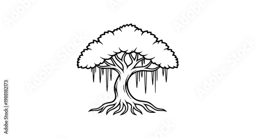 Tableau sur toile Stylized banyan tree silhouette vector with symmetrical roots minimalist design