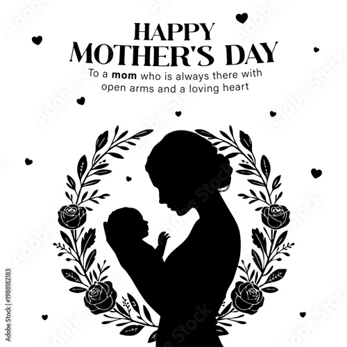 Mother's day silhouette with baby and floral wreath, Minimalist mom and infant black and white vector illustration, Happy mother's day greeting card design with roses, Motherhood symbol silhouette of 