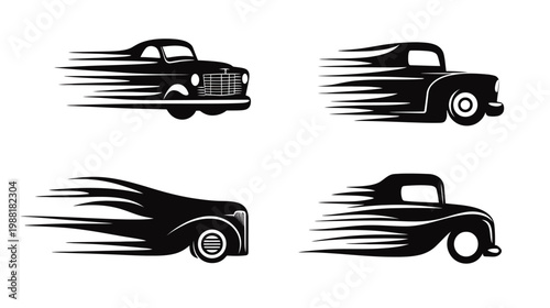 Four silhouettes of classic cars with motion lines, conveying speed and dynamism
