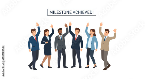 Diverse group of six professional business people in formal suits stand together with raised hands celebrating a major milestone achievement in a clean office setting.
