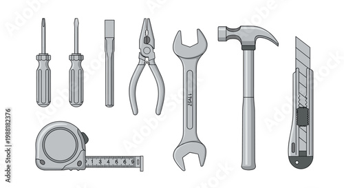 Comprehensive collection of professional grey hand tools including screwdrivers, pliers, an adjustable wrench, a claw hammer, a utility knife, and a retractable tape measure.