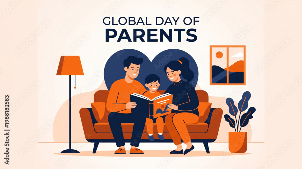 Fototapeta premium Global day of parents family reading together at home illustration with mother father and child on sofa for greeting card banner social media and lifestyle design