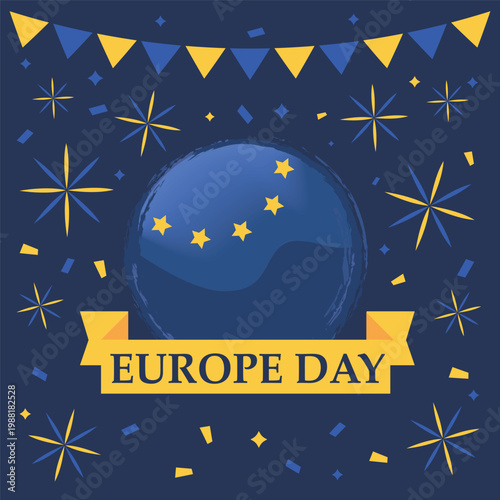 Europe day celebration with flags stars and a blue sphere