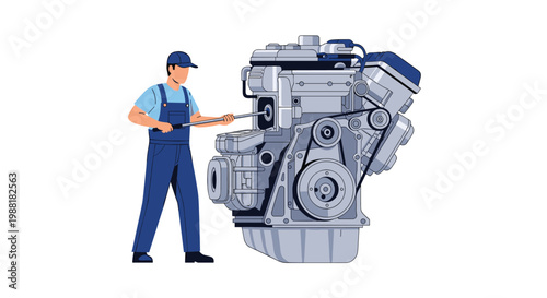 A professional mechanic wearing blue overalls and a cap meticulously repairs a massive industrial engine using a specialized long tool on a white background.