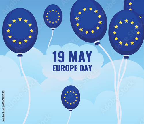 Europe day celebration with balloons and a blue sky background