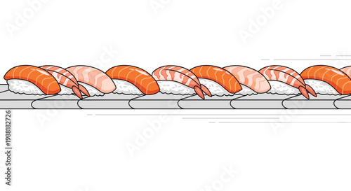 A vibrant repeating pattern of fresh salmon and shrimp nigiri sushi pieces moves swiftly along a grey conveyor belt in a modern japanese restaurant setting.