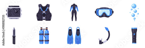 Set of scuba diving equipment icons, underwater sport gear and safety symbols, colorful collection with illustrations