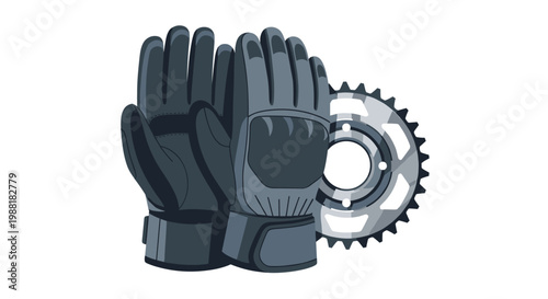 Protective dark grey work gloves with padded knuckles are positioned next to a metallic silver bicycle gear sprocket under bright even studio lighting.