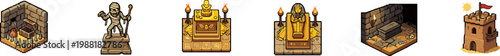 Medieval dungeon and temple interior vector icon collection.