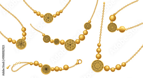 Six elegant gold jewelry pieces including necklaces and bracelets featuring detailed circular charms and polished round beads are arranged on white background.