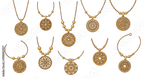 Ten distinct gold necklaces featuring intricate circular pendants with geometric mandala patterns and various bead accents are displayed on a white background.