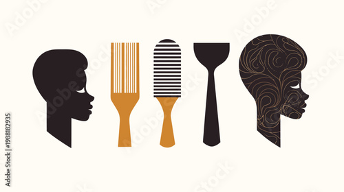 Silhouettes of faces and hair tools in black, brown, and gold on a cream background