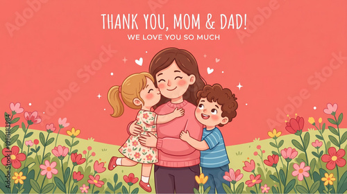 Mother with children hugging in flower garden expressing love gratitude and family bonding concept for greeting card design and celebration on global day of parents