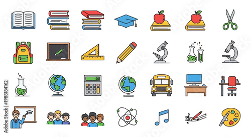 Colorful educational icons on white.