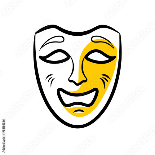 Theatrical drama mask with comedy expression hand drawn line art style on transparent background