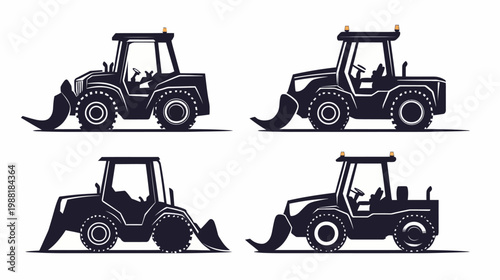 A collection of four black and white illustrations of heavy construction vehicles