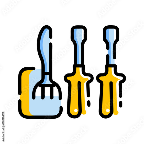 Set of kitchen utensils including fork ladle and spatula with blue and yellow accents