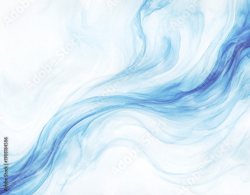 Blue background, waves and wind. The watercolor illustration is hand-drawn. Light fog or smoke, the depths of the sea, in the theme of summer, vacation and relaxation