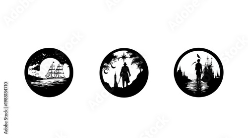 Three black-and-white circular silhouettes depicting scenes of sea, night, and solitary figures
