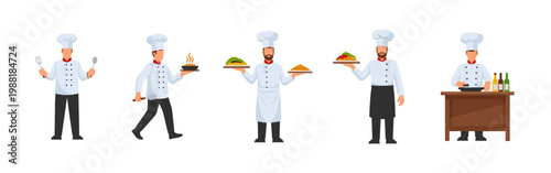 Chief icons collection in cartoon style. Set of chief cooker icons in different shape and color