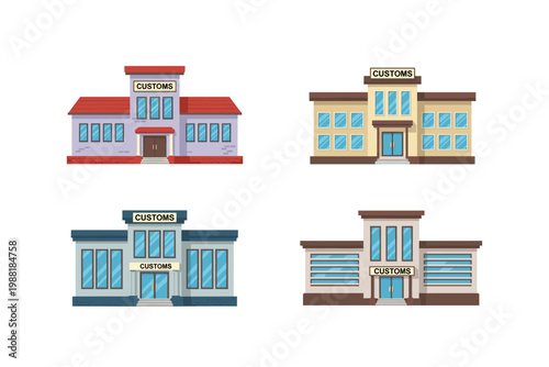 Customs building icons collection in cartoon style. Set of customs building pictures in different shape and color