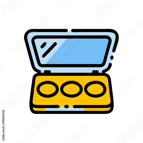 Open makeup palette with mirror and three powder pans in yellow and blue flat icon design