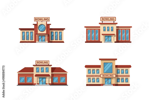Bowling complex collection in cartoon style. Set of bowling club icons in different shape and color