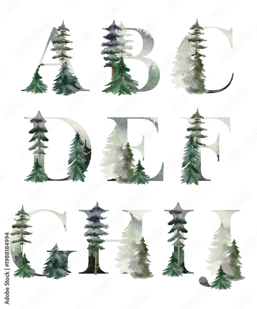 Obraz premium Vector watercolor forest letters for invitation card, poster and other.