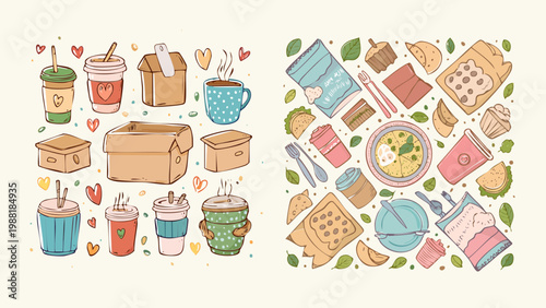 Collection of hand-drawn illustrations of various food and drink items, including takeout containers and cups