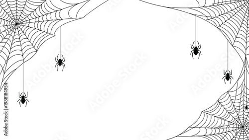 Spider web corner designs with small spiders hanging from silk threads on a white background create a perfect spooky frame for halloween themes.