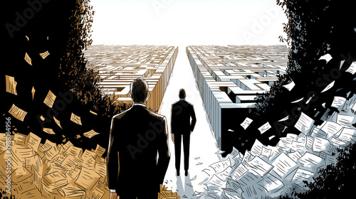 Pathways of Perception: Two figures stand at the threshold of a labyrinth, a metaphor for complex choices, paths that diverge, and the duality of experiences.