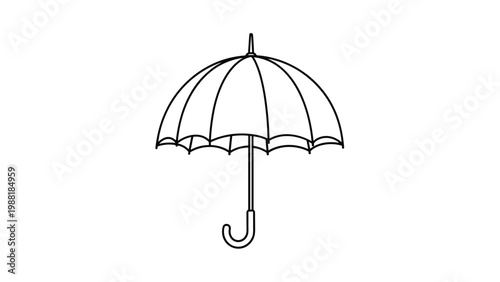 Simple black and white line art drawing of an open umbrella on a clean white background for weather protection and seasonal rainy themes.