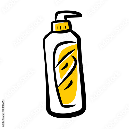 Shampoo bottle doodle icon with yellow label and pump dispenser for hair care and body wash
