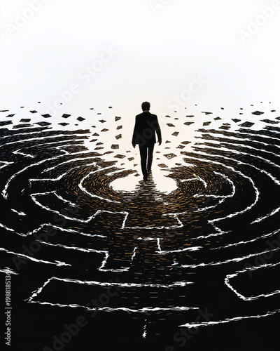 Maze of Decisions: A silhouette of a determined individual traverses a complex maze, illuminated by a guiding light, symbolizing the journey through challenges and choices. 