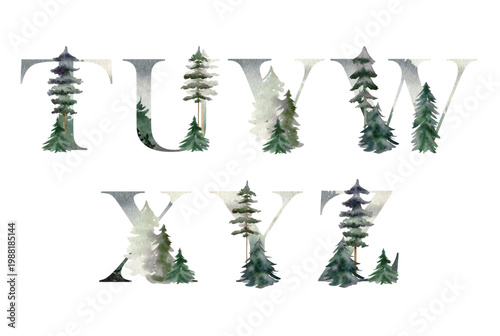 Vector watercolor forest letters for invitation card, poster and other.