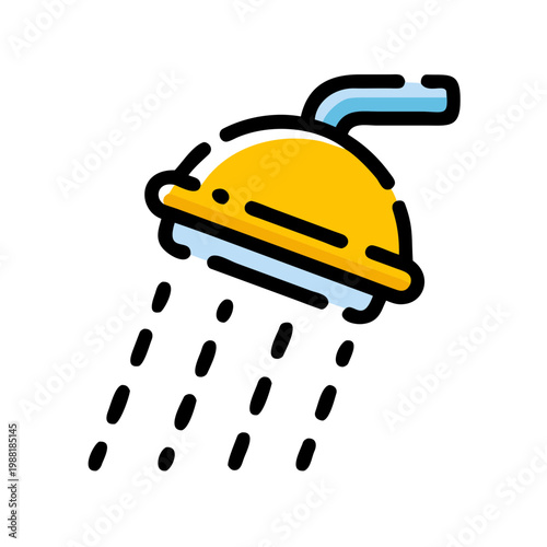 Shower head icon with water drops in yellow and blue colors for bathroom interior plumbing