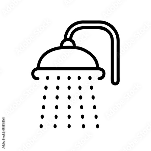 Shower head line icon with falling water droplets for bathroom hygiene and plumbing concept