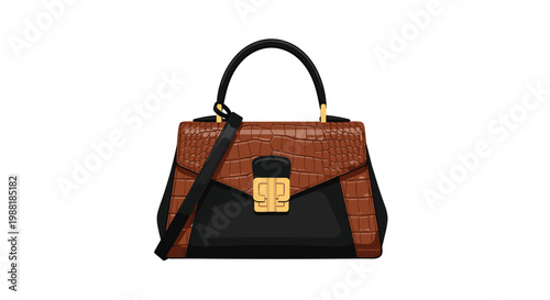 A luxurious brown crocodile-textured handbag with a sleek black front panel and elegant gold hardware sits against a clean white minimalist background.