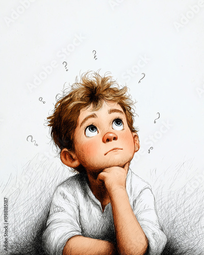 Child's Daydreaming: An illustrated close-up of a young boy lost in thought, question marks swirling above his head, emphasizing his inquisitive mind and youthful curiosity.