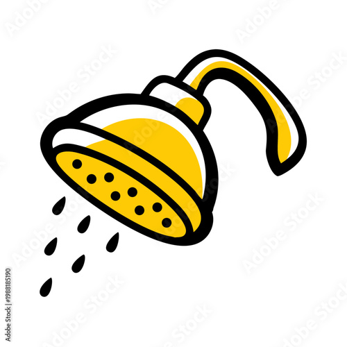 Yellow shower head spraying water drops on transparent background, clean hygiene concept